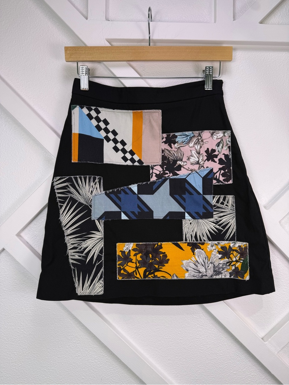 MSGM Italy Black Patchwork Mini Skirt Cotton Abstract Floral Geometric 40 US 6